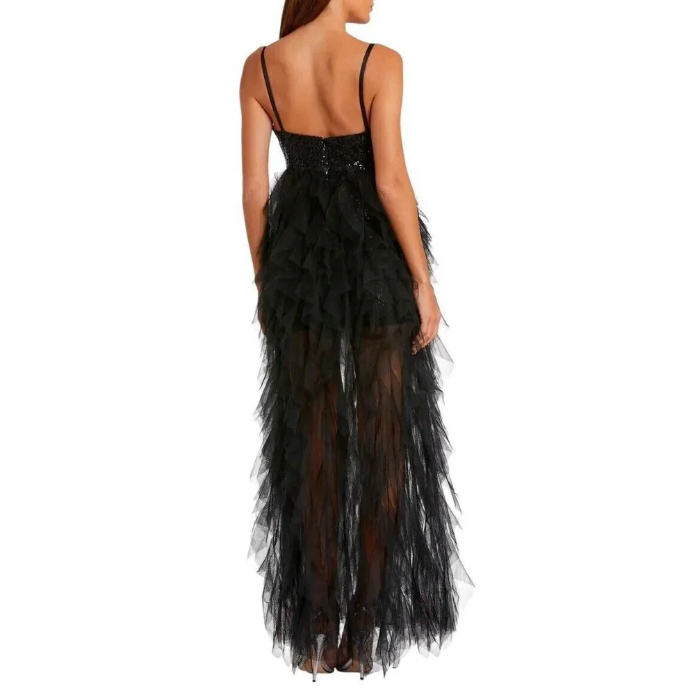 IEENA FOR MAC DUGGAL Sequin Mini with High Low Ruffle Tiered Train #27119‎ Sz 12